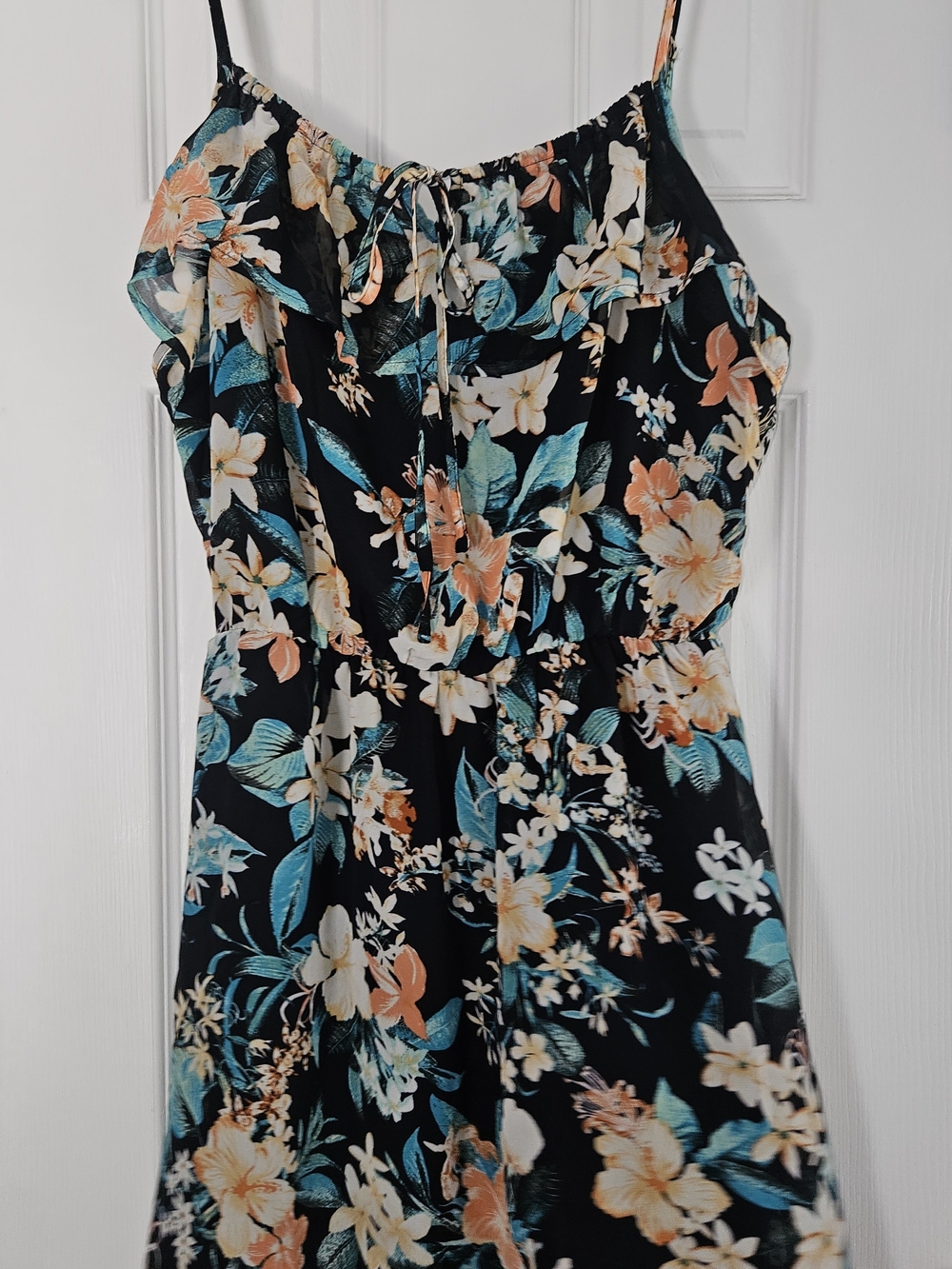 Floral Ruffle Midi Dress in Black and Teal